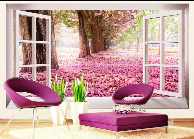 Фотообои Окно с видом на землю, усыпанную розовыми лепестками, и стволы деревьев на стену - купить в интернет-магазине Superfotooboi